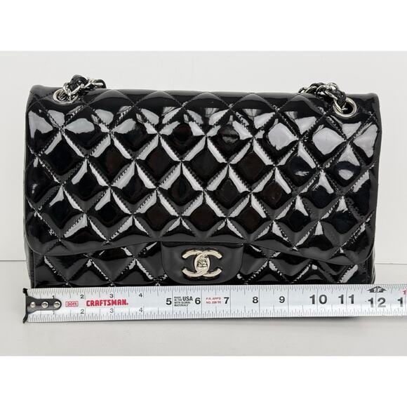 Chanel Patent Quilted Jumbo Single Flap Bag Black with Silver Hardware B-2 - Picture 11 of 16